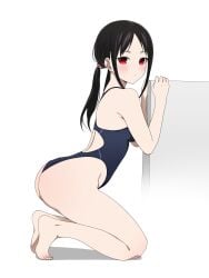 1girls accurate_art_style ass back bare_arms bare_legs bare_shoulders bare_thighs barefoot black_hair blush coro_fae feet female kaguya-sama_wa_kokurasetai_~tensai-tachi_no_renai_zunousen~ light-skinned_female light_skin official_style one-piece_swimsuit ponytail red_eyes school_swimsuit shinomiya_kaguya solo solo_female swimsuit thighs