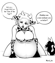 1girls belly big_belly big_breasts breasts cleavage cow_girl cow_print dialogue dimpixelanimations female gigantic_breasts horns hucow large_breasts pregnant solo text