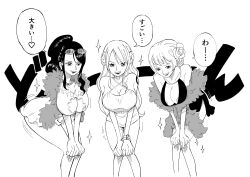 areola areolae bent_over black_and_white breasts carina_(one_piece) cleavage dialogue dress female female_only greyscale japanese_text mazima_makoto22 nami nico_robin nipple no_color one_piece one_piece_film_gold post-timeskip translated