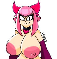 areolae armwear artist_name artist_signature brawl_stars breasts breasts_bigger_than_head large_breasts looking_at_viewer melodie_(brawl_stars) necklace nipples pink_areola pink_hair pink_nipples psyko smile smiling smiling_at_viewer