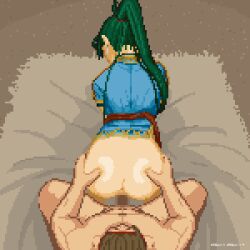 1boy 1girls all_fours animated ass back_view bed bent_over doggy_style female fire_emblem fire_emblem:_the_blazing_blade from_above gif green_hair large_ass long_hair lyn_(fire_emblem) male nintendo on_bed periodot pixel_art ponytail rape sex uncensored vaginal_penetration