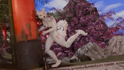 3d amaterasu anthro areola bamboo black_areola black_nipples breasts canid canine canis capcom cherry_blossom female hi_res mammal nipples nude okami okami_(capcom) outside plant raised_leg rock shrine_gate solo wolf zero3delta