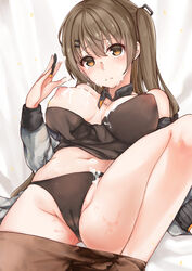 badariki bangs blush breasts brown_eyes brown_hair brown_legwear cum cum_on_body cum_on_breasts cum_on_upper_body eyebrows_visible_through_hair facial female girls'_frontline hair_between_eyes hair_ornament hairclip hand_up highres k2_(girls'_frontline) knee_up large_breasts long_hair looking_at_viewer lying navel nipples on_back one_side_up pantyhose pantyhose_pull solo thighs