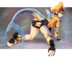 anthro arc_system_works arm_spikes ass blue_body blue_skin bottomwear breasts brown_hair clothing elbow_spikes feet female fingerless_gloves fish genitals gloves guilty_gear hair handwear hat headgear headwear hi_res lordburqan marine may_(guilty_gear) membrane_(anatomy) mid_transformation orange_clothing pussy shark shark_fin shark_tail sharp_teeth shorts solo spats spikes spikes_(anatomy) teeth toes torn_bottomwear torn_clothing torn_shoes torn_shorts transformation webbed_feet