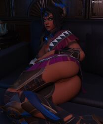 1girls 3d annoyed asian_mythology big_ass big_breasts black_hair dark-skinned_female dark_skin ishtar_(smite) mesopotamian_mythology mythology pussy scrido smite solo thick_thighs thighhighs