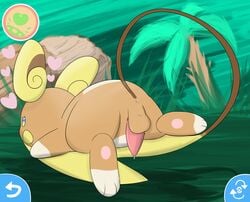 1boy alolan_raichu animal_ears anus ass blue_eyes blush_stickers erection feet floating forest from_behind furry gameplay_mechanics grass green_background half-closed_eyes heart highres looking_at_viewer looking_back looking_to_the_side lying male male_only multicolored_eyes nintendo nude on_stomach orange_fur outdoors palm_tree paws penis pokemon pokemon_(species) pokemon_refresh pokemon_sm precum raichu rodent shadow solo spread_legs tail testicles tree uncensored yellow_eyes yumei