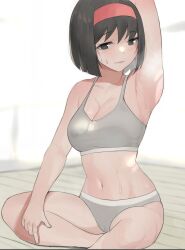 1girls arm_up armpits bare_arms bare_belly bare_legs bare_shoulders bare_thighs belly_button black_hair blush bra breasts buruma cleavage clothing collarbone erika_(pokemon) female gatchan hairband hand_on_thigh matching_underwear medium_breasts on_floor open_mouth panties pokemon red_hairband short_hair sitting sports_bra sports_panties sweat sweatdrop sweaty_armpits sweaty_body thighs visible_breath