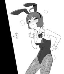 1girls ahoge blush breasts bunnysuit embarrassed eyebrows_visible_through_hair female grin hair_ornament highres idolmaster idolmaster_cinderella_girls looking_at_mirror mirror monochrome nipple_slip nipples short_hair smile solo ueda_suzuho