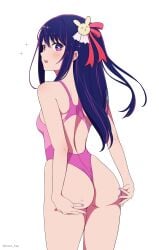 ass back back_view bare_legs bare_shoulders bare_thighs big_ass blush breasts competition_swimsuit coro_fae hand_on_ass hoshino_ai long_hair nail_polish one-piece_swimsuit oshi_no_ko purple_hair star_eyes swimsuit tape thighs tongue_out