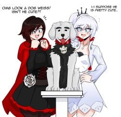 1animal 1boy 2girls blue_eyes canine clothing english_text female fur grey_fur human interspecies kinathefox light-skinned_female light_skin long_hair male medium_hair multiple_girls ruby_rose rwby silver_eyes text uncensored weiss_schnee white_hair zehn(kinathefox) zoophilia