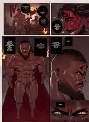 2boys abs big_penis black_body brown_skin casual_nudity comic completely_nude dark-skinned_male dark_skin erect_penis erection family father_and_son horns magicmoonsarts muscular nude original_character penis_shrinking reunion six_pack text text_bubble veiny_penis very_dark_skin