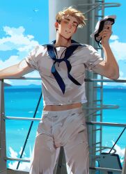 1boy atsumu_miya erection erection_under_clothes haikyuu!! looking_at_viewer male male_only sailor_uniform tagme torotre