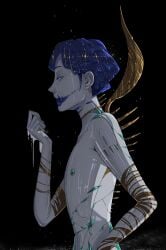 androgynous blue_hair ear_piercing land_of_the_lustrous naked nipple_piercing nipples phosphophyllite side_view