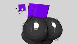 ass ass_focus breathotter cubey_(objecthewhen2) eyelashes female grey_background object_shows purple reference_image shiny shiny_ass shiny_butt smiling solo square square_body sweaty_butt tagme