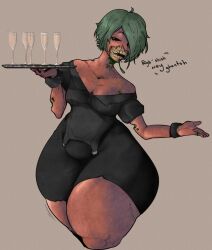 1girls cantankeravian green_hair talking tan_body text thick_thighs thighs waitress wine_glass zombie zombie_girl