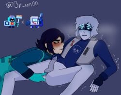 2boys 2males 8-bit_(brawl_stars) ash_(brawl_stars) blue_blush blue_eyes blush brawl_stars cum fingers_in_ass gay gray_penis humanization humanized male/male male_only white_body