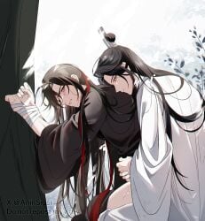 2boys absurdres against_tree aninsigsi bishounen black_hair black_hanfu bondage bound bound_wrists chinese_clothes closed_mouth clothes_pull crying crying_with_eyes_open hair_down hair_ribbon half_updo hanfu highres hug hug_from_behind implied_sex korean_commentary lan_wangji leaf long_hair long_sleeves looking_at_another looking_at_viewer male male_focus modao_zushi multiple_boys official_alternate_hairstyle pants pants_pull parted_lips red_eyes red_ribbon ribbon ribbon_bondage robe sex sex_from_behind sitting tears topknot tree twitter_username very_long_hair watermark wei_wuxian wei_wuxian_(yiling_laozu) white_hanfu white_ribbon wide_sleeves xiao_guan_(headdress) yaoi yellow_eyes