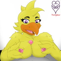 anthro avian beak bird breasts chica_(fnaf) chicken duo faceless_male feathers female first_person_view five_nights_at_freddy's hi_res male nipples non-mammal_breasts nude overweight paizuri penis precum purple_eyes sex simple_background slightly_chubby straight thevgbear toony video_games white_background winged_arms wings yellow_feathers