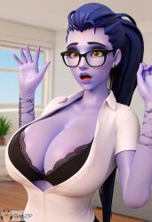 ai_generated areola_slip arm_tattoo big_breasts black_bra blizzard_entertainment dress_shirt galszip glasses hands_up lace lace-trimmed_bra mole office_lady open_mouth open_shirt overwatch overwatch_2 ponytail secretary secretary_outfit shocked solo surprised tattoo white_shirt widowmaker yellow_eyes