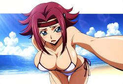 ai_generated beach_background big_breasts bikini bikini_bottom bikini_top blue_eyes cleavage code_geass dokidoki_ninja female female female_focus female_only hi_res high_resolution highres huge_breasts kallen_stadtfeld light-skinned_female perky_breasts red_hair sand small_bikini solo solo_female solo_focus thin_female water white_bikini