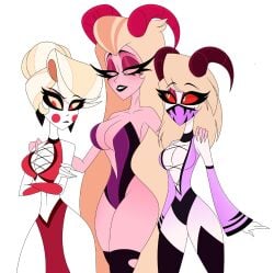 3girls age_difference big_breasts blonde_hair charlie_morningstar_(hazbin_hotel) curvy_female demon_girl eclipsa78 hazbin_hotel horns kitana_(cosplay) lilith_morningstar_(hazbin_hotel) masked_female mileena_(cosplay) milf mortal_kombat mother mother_and_daughter multiple_girls sindel_(cosplay) succubus tagme women