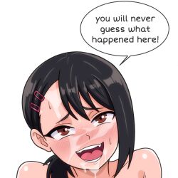 1girls black_hair chainsaw_man cropped_image cum cum_on_face facial female female_only higashiyama_kobeni naked nude satsufumi slut solo speech_bubble