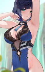 1girls armpit big_breasts blue_hair blush day female female_focus female_only front_view genshin_impact highres hizukis_ hoyoverse light-skinned_female light_skin looking_at_viewer mature_female mole mole_on_breast partially_clothed short_hair solo solo_female standing voluptuous voluptuous_female water waterfall wet wet_body wet_clothes yelan_(genshin_impact)