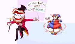 caine caine_(the_amazing_digital_circus) clown clown_girl nickgam1_(artist) nickgam_(artist) obese obese_female pomni pomni_(the_amazing_digital_circus) shocked surprised text text_bubble the_amazing_digital_circus