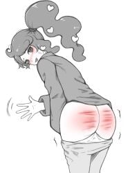 1girls after_spanking ass back_view black_and_white blush exposed_ass megugu monochrome nintendo pants_down pokemon pokemon_ss ponytail solo sonia_(pokemon) spank_marks spanked spanking sweat trembling waving