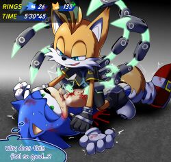 2024 4:3 anthro blood canid canine digital_drawing_(artwork) digital_media_(artwork) dominant dominant_male duo energy_drain english_text eulipotyphlan fox hedgehog hi_res japanese_description male male/male mammal netflix power_drain sega skeb_commission sonic_(series) sonic_prime sonic_the_hedgehog sonic_the_hedgehog_(series) stabbed stabbing submissive submissive_male tails_nine text thought_bubble translated uncensored user_interface v_ig_v