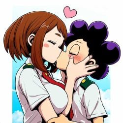 1boy 1girls ai_generated blush french_kiss french_kissing heart kiss kissing love male/female minoru_mineta my_hero_academia ochako_uraraka saliva school_uniform straight touching_cheek