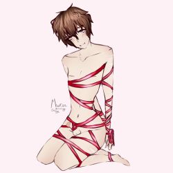 bondage brown_eyes brown_hair bungo_stray_dogs dazai_osamu monstereoran ribbon ribbon_bondage skinny_male