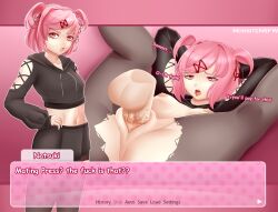 1boy 1girls artist_name backsack blush breasts dafuq dialogue doki_doki_literature_club english_text female human instant_loss male mating_press morbite mouth_open natsuki_(doki_doki_literature_club) nipples open_mouth penetration penis pink_eyes pink_hair ripped_clothing ripped_pantyhose sex text tsundere vaginal vaginal_penetration vaginal_sex