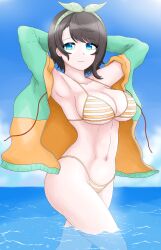 ale_131 arms_behind_head big_breasts bikini black_hair clouds day highres hololive hololive_japan light-skinned_female light_skin looking_at_viewer ocean oozora_subaru open_jacket short_hair sky smiling smiling_at_viewer solo solo_female standing standing_in_water summer swimsuit thong thong_bikini virtual_youtuber voluptuous voluptuous_female vtuber vtuberfanart water