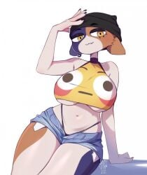 anthro beanie big_breasts calico_cat emoji emoji_shirt epic_games female_only flushed_emoji_shirt fortnite meow_skulls_(fortnite) pakusta thong thong_straps underboob