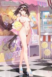 1girls azur_lane brown_hair drinking earrings headgear high_heels highres independence_(azur_lane) long_legs manjuu_(azur_lane) mofumochii nipples nude nude_filter red_eyes sling_bikini vending_machine very_long_hair