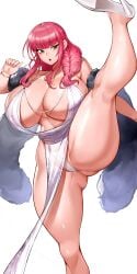 breasts cameltoe commission dress gurimjang high_heels high_kick huge_breasts kick long_hair navel necklace no_bra one_leg_up panties pink_hair plump side_ponytail skimpy spread_legs thick_thighs thong white_background