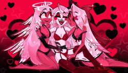 angel artist_request bra charlie_morningstar_(hazbin_hotel) demon emily_(hazbin_hotel) hazbin_hotel ot3 panties pointy_chin tagme threesome vaggie_(hazbin_hotel) wholesome yuri