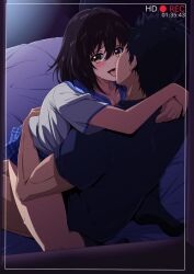 1boy 1girls arms_around_neck arms_around_waist black_hair black_shirt black_socks blue_sailor_collar blue_skirt blush breast_press breasts brown_eyes clothed_sex commentary_request commission female french_kiss hair_between_eyes highres himeragi_yukina indoors jewelry kissing kissing_while_penetrated kneehighs looking_at_viewer netorare oki_kuro on_bed plaid plaid_skirt recording ring saikai_academy_school_uniform sailor_collar school_uniform serafuku sex shirt short_hair short_sleeves skeb_commission skirt socks straddling straight strike_the_blood sweat tongue tongue_out upright_straddle vaginal_penetration viewfinder wedding_ring white_shirt