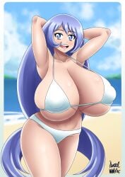 arms_behind_head azraelwebster beach bikini blue_eyes breasts cleavage female huge_breasts light_blue_hair long_hair looking_at_viewer midriff my_hero_academia navel nejire_hado smile solo swimsuit tagme