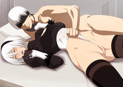 bed between_labia breasts female fingering game_cg innie_pussy leotard lime_(purple_haze) lying nier nier:_automata nude on_bed partially_visible_vulva pussy pussy_juice shiny_skin short_hair silver_hair smile straight sweat wedgie yorha_2b yorha_9s