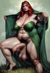 ai_generated armpit_hair big_belly briang1748 crown futanari human_fiona looking_at_viewer muscular musk opening_robe precum princess princess_fiona princess_fiona_(human) pubic_hair red_hair robe shrek_(series) simple_background sweat taker_pov thick_ass thick_thighs