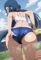 ai_generated bare_legs big_breasts big_butt blue_eyes blue_hair dat_ass fat_ass gigantic_ass golden_shower gundam_build_fighters gym_clothes gym_uniform huge_breasts huge_thighs in_search_of_holy_water iori_rinko light-skinned_female light_skin long_hair looking_back massive_ass massive_breasts mature_female milf peeing ponytail smiling solo_female squatting sweat sweatdrop thick_thighs thighs urinating urinating_female urination urine voluptuous voluptuous_female