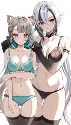 2girls animal_ears arlecchino_(genshin_impact) belly_button big_breasts black_bra black_eyes black_hair black_thighhighs black_thong blush bra cat_ears cleavage embarrassed embarrassed_female female front_view genshin_impact harimoji hoyoverse light-skinned_female light_skin long_hair looking_at_viewer lynette_(genshin_impact) mature mature_female multiple_girls purple_eyes shy simple_background smiling smiling_at_viewer standing teenage_girl teenager thigh_gap thighhighs thong two_tone_hair underwear voluptuous voluptuous_female white_background white_hair