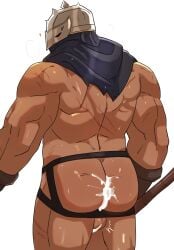 1boy 2024 artist_request back_view backshots bara barazoku bounty_hunter bounty_hunter_(darkest_dungeon) cowl cum cum_in_ass darkest_dungeon exposed_ass gay gloves_only helmet helmet_only intimidation male male_only masculine masculine_bottom masculine_male mask_only masked masked_male muscle muscular muscular_arms muscular_back muscular_male scars white_background