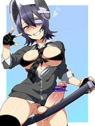 balls between_breasts bikini_top blush bottomless breasts colored cowboy_shot female fingerless_gloves futa_only futanari gloves grin ikeshita_moyuko intersex kantai_collection necktie necktie_between_breasts scabbard simple_background smile straddling tenryuu_(kantai_collection) thighhighs