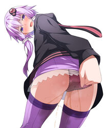 animal_hood artist_request ass cevio embarrassed female from_behind hair_ornament hoodie long_hair looking_at_viewer looking_back low_twintails open_mouth panties pink_hair purple_eyes pussy_juice pussy_juice_drip pussy_juice_drip_through_clothes simple_background solo sweat tears thighhighs trefoil twintails vocaloid voiceroid yuzuki_yukari