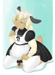 1futa anthro apron chubby clothing dickgirl futa_only futanari half-erect hi_res horn humanoid_penis intersex kneeling lagomorph maid_uniform mammal overweight penis rabbit solo thick_penis tweedabop uniform voluptuous