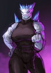 anthro athletic athletic_female bedroom_eyes belt big_breasts biped bodily_fluids bottomwear breasts claws clothed clothing collar curvy_figure digital_media_(artwork) eyelashes female fist godzilla_(series) godzilla_x_kong:_the_new_empire hand_on_hip hi_res inugatami kaiju looking_at_viewer monster monsterverse muscular narrowed_eyes navel nipple_outline nipple_piercing nipples open_mouth pants piercing reptile scales scalie seductive shimo_(kaiju) shirt simple_background smile solo spikes sweat thick_thighs topwear white_body