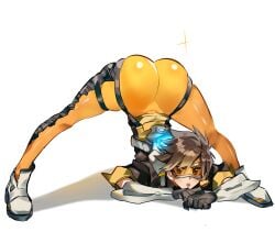 ass bomber_jacket brown_eyes brown_hair female full_body goggles highres jack-o'_challenge jacket open_mouth overwatch overwatch_2 pants shadow short_hair simple_background solo spiked_hair top-down_bottom-up tracer white_background white_footwear xi_luo_an_ya yellow_pants